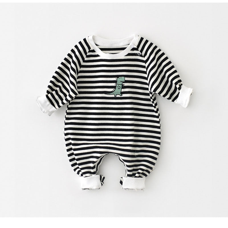 MILANCEL Striped Dinosaur Embroidery Rompers